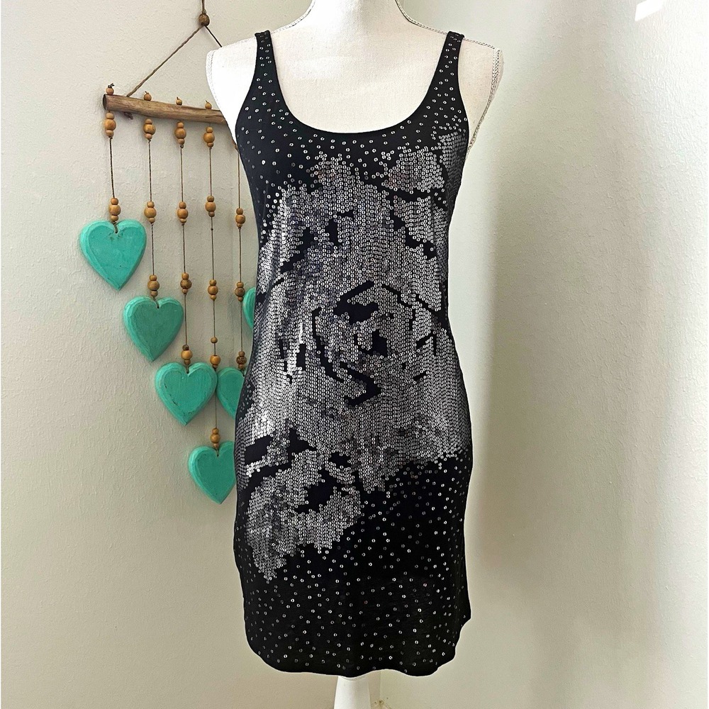 y2k Express Black Silver Sequin Floral tank Bodycon Dress S club 2000 sexy